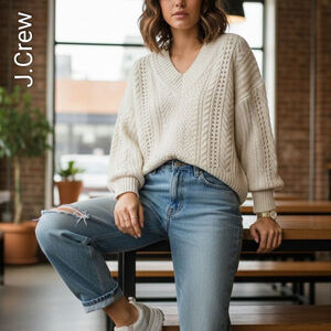 Women's J.Crew Ivory Cream Cable Knit V-Neck Sweater M Preppy Academia Old Money